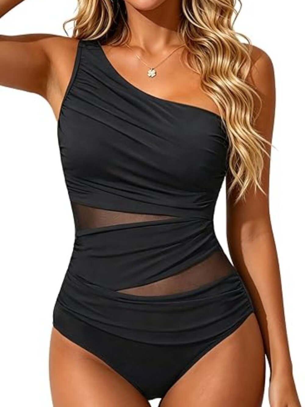 Aqua Eve One Piece Swimsuit One Shoulder Tummy Control Black L NWT